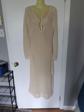 Open-Knit Cream Long Sleeve Maxi Dress